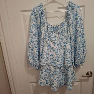 One and Only Collective Blue Floral Puff Sleeve Tiered Mini Dress‎ Size S